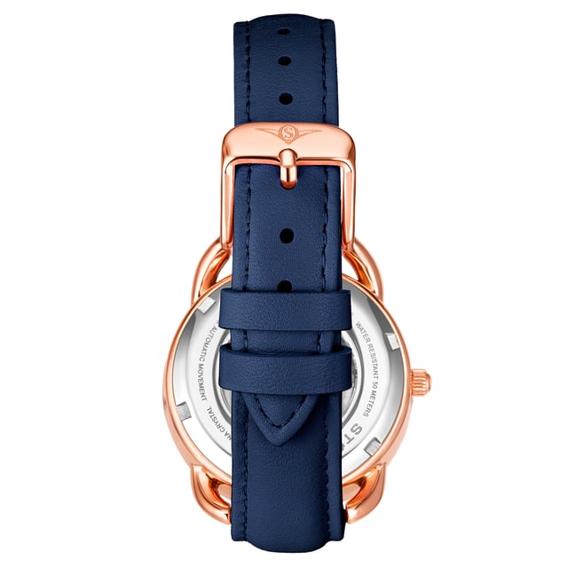 Damen Automatikuhr mit rosé/goldenem Gehäuse, rosé/goldener Lünette mit Kristallbesatz, blauem Zifferblatt, rosé/goldenen Zeigern und Markierungen, blauem Echtlederarmband