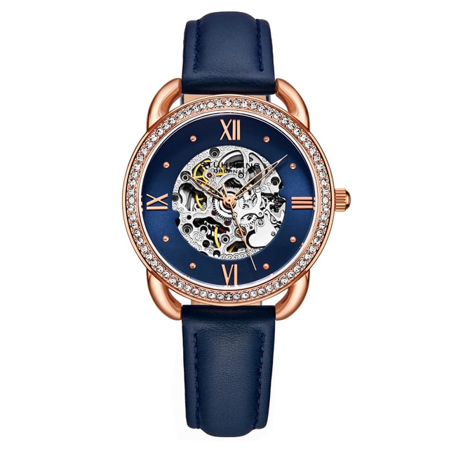 Damen Automatikuhr mit rosé/goldenem Gehäuse, rosé/goldener Lünette mit Kristallbesatz, blauem Zifferblatt, rosé/goldenen Zeigern und Markierungen, blauem Echtlederarmband