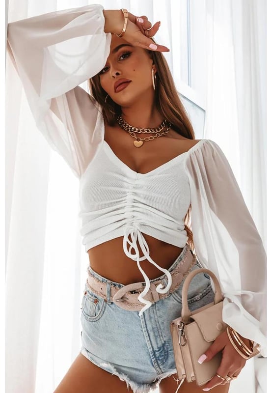 Azura Exchange Dames Transparante Puff Mouw Crop Top in Wit