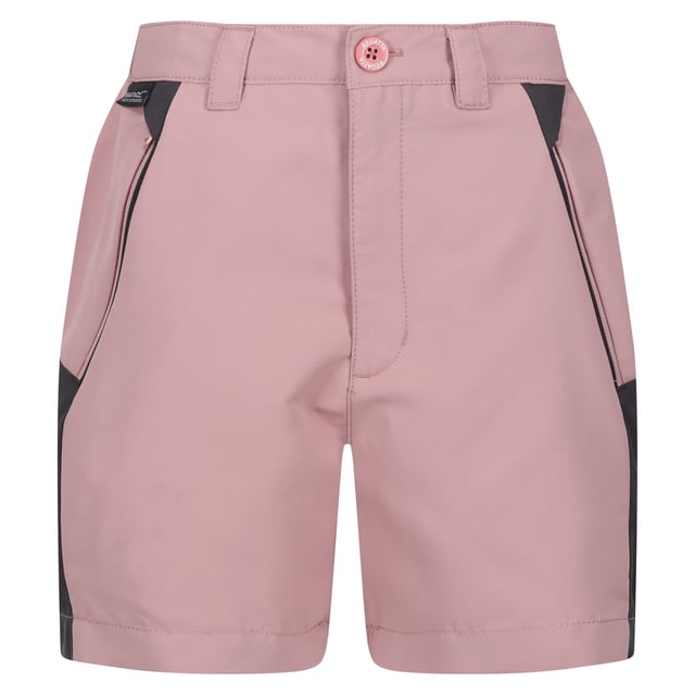 Regatta Childrens/Kids Sorcer Mountain III Shorts (Dusky Rose/Seal Grey) Fabric: Isotex, Stretch. Design: Colour Block, Logo. Pockets: 2 Side Pockets, 1 Back Pocket, Zip. Fastening: Button, Zip Fly. Fabric Technology: Durable, Isoflex, Lightweight, Quick Dry, Water Repellent. Belt Loops, Branded Tab. Waistline: Part Elasticated. Sustainability: Made from Recycled Materials.