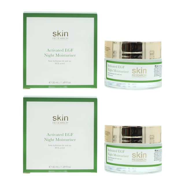 Skin Research Advanced Epidermal Growth Factor Night Moisturiser is a cutting-edge skincare product meticulously formulated to support skin renewal and rejuvenation during the night. Infused with a powerful Epidermal Growth Factor complex, this moisturiser harnesses the skin-renewing benefits of advanced science. EGF is a naturally occurring protein that plays a crucial role in cellular regeneration and tissue repair. When applied topically, it stimulates the production of collagen and elastin, leading to firmer, more youthful-looking skin. This night moisturiser is specially crafted to deliver a concentrated dose of EGF, aiding in the restoration of a smooth, supple complexion. The rich, velvety texture of this moisturiser provides a comforting and indulgent experience. It deeply penetrates to infuse essential nutrients, encouraging the skin's natural regeneration process. Over time, this leads to a smoother, firmer, and more radiant complexion. The Advanced Epidermal Growth Factor Night Moisturiser is also fortified with a blend of natural botanical extracts and skin-loving ingredients, providing additional antioxidant protection and supporting the skin's natural barrier function. It creates a shield against environmental stressors, helping to preserve a youthful, healthy appearance. This moisturiser is suitable for all skin types and is an essential component of any comprehensive skincare regimen.