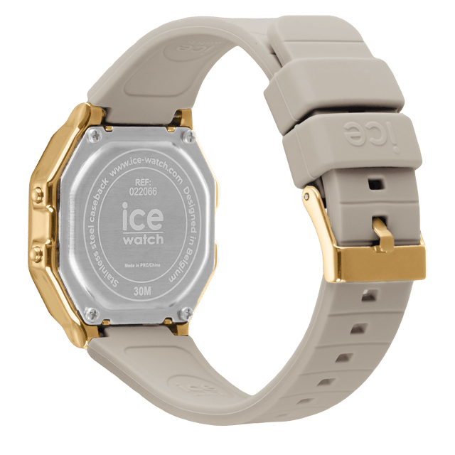 This Ice Watch Ice Digit Retro - Wind Digital Watch for Women is the perfect timepiece to wear or to gift. It's Gold  Square case combined with the comfortable Grey Silicone watch band will ensure you enjoy this stunning timepiece without any compromise. Operated by a high quality Quartz movement and water resistant to 3 bars, your watch will keep ticking. Opt for the nude trend and succumb to the beauty of the ICE digit retro - Wind. This Digital watch has a calendar function: Day-Date , Stop Watch , Dual Time , Alarm and Light High quality 19 cm length and 17 mm width Grey Silicone strap with a Buckle Case measurement: 34 X 34 mm,case thickness: 8 mm, case colour: Gold and dial colour: Grey