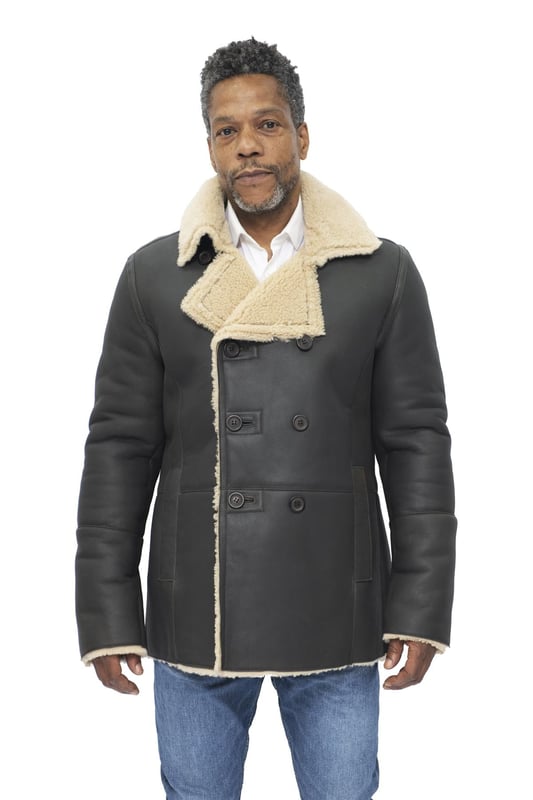 Mens Double Breasted Shearling Sheepskin Pea Coat Valencia