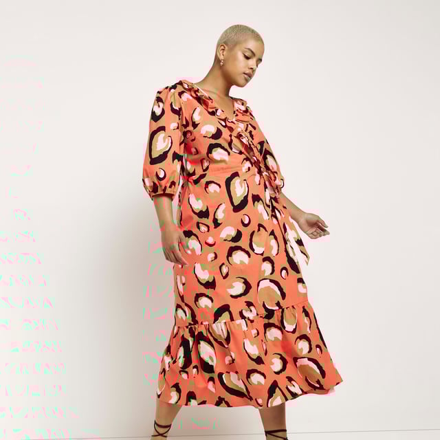 River Island Womens Wrap Maxi Dress Plus Coral Leopard Print