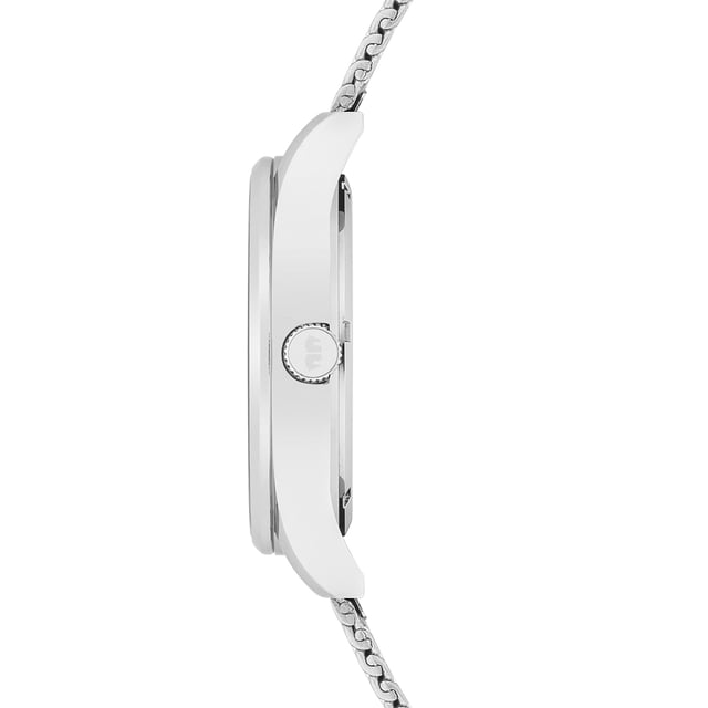 Less is more: According to this motto, the design of this exclusive men's watch was designed by the Rhodenwald & Sons manufactory. Reduced to the date and weekday display and simple line indeed combined with Arabic numerals and feuille devices, the dial convinces with minimalism. Exquisite eye-catcher is the elaborate Milanais bracelet with sliding closure. Behind the classic watch look in the tradition of old watchmaking, modern materials and contemporary technology convince: housings and bracelet are made of robust stainless steel. Hardened mineral glass and a precise quartz train complete the high -quality equipment.