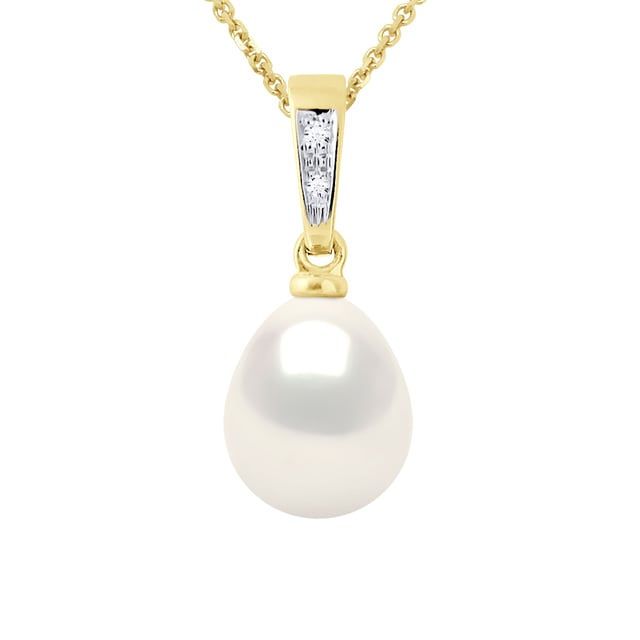 Pendant Jewelry Diamonds 0,01 Cts - Real Cultured Freshwater Pearl Pear 8-9 mm - COLOR NATURAL PEARL WHITE - Yellow Gold - This Pendant in V shape will be delivered to you in box with a Gold plated chain offered for free / Length 42 cm - Delivered with Certificate of Authenticity and International Guarantee - MADE IN FRANCE