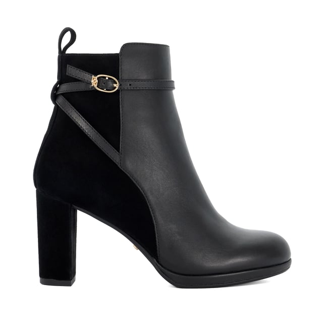 Dune Ladies Ottara - Branded Buckle Heeled Ankle Boot Set on a high heel, Ottara is an ankle boot that will fit effortlessly into your selection of style staples. From its rounded toe to the branded DD buckle, it offers a sleek and comfortable fit, making it a versatile choice for both day and evening wear.