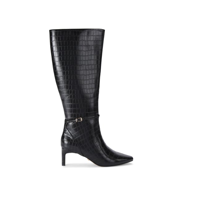 This Carvela Impress High Boot features an across embossed upper in black. There is a thin ankle strap with gold buckle. This product features All Day Long technology.