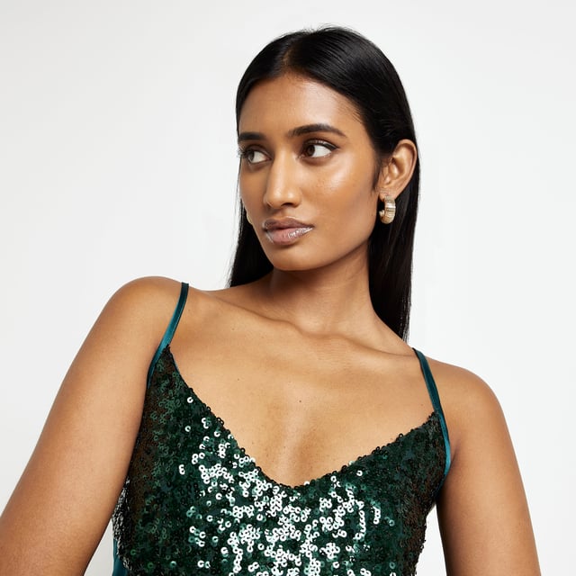 green emerald velvet dress River Island Square Neck Embellished Mini Dress in Lime