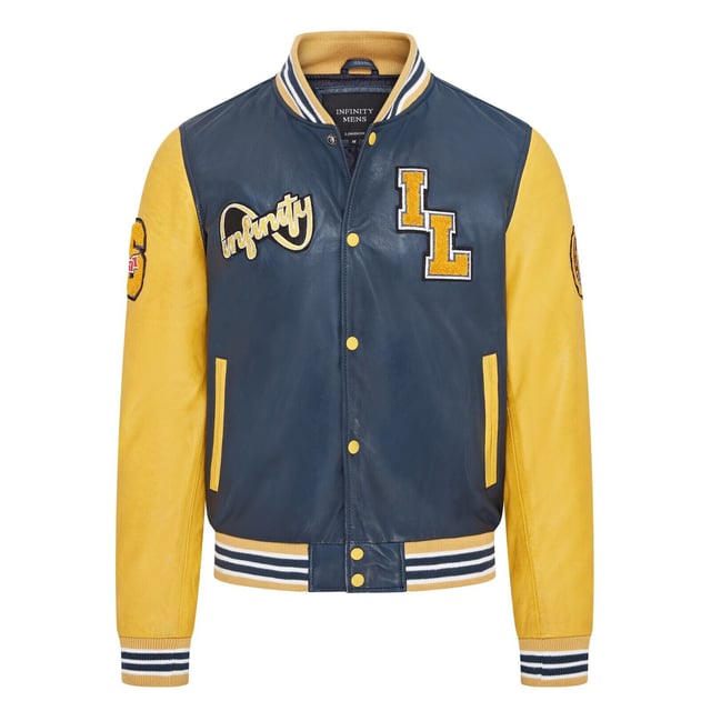 Introducing the Men's Baseball Leather Jacket, a perfect blend of classic varsity style and modern craftsmanship. This letterman bomber jacket features contrasting sleeves and a striped knit ribbed collar, waistband, and cuffs for a timeless athletic look. The press studs front closure and embroidered brand logo patches on the chest and sleeves add a touch of authenticity and flair. Designed with practicality in mind, it includes two jet pockets at the waist and two inside welt pockets for your essentials. The panelling to the back of the jacket ensures a tailored fit and superior comfort.

Contrasting sleeves for a stylish look
Striped knit ribbed collar, waistband, and cuffs for a classic finish
Press studs front closure for easy wear
Embroidered brand logo patches on the chest and sleeves for added detail
Two jet pockets at the waist and two inside welt pockets for convenience