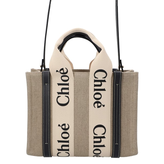Tote bag in linen canvas &amp; shiny calfskin with linen Chloé logo
 Main material: Linen
 Secondary material: Calfskin
 Trim: Polyester
 Carry: Shoulder, arm &amp; cross-body
 

 - 2 short handles
 - Removable long strap
 - 1 spacious main compartment
 - 1 internal flat pocket
 Comes with a dust bag
 

 - Width: 10.4" (26.5 cm)
 - Height: 7.9" (20 cm)
 - Depth: 3.1" (8 cm)
 - Handle drop: 4.3" (11 cm)
 - Strap drop: 20.5" (52 cm)