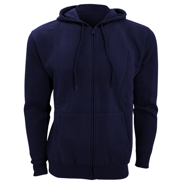 Brushed fleece backing. Drop shoulder style. Jersey lined hood with flat drawcord. Taped back neck. Full length covered zip. Front pouch pockets. Ribbed cuffs and hem. Fabric weight: 280 gsm. Material: 50% cotton/50% polyester. Chest (to fit): S(36/38), M(38/40), L(41/42), XL(43/44), XXL(45/47), 3XL(47/49).