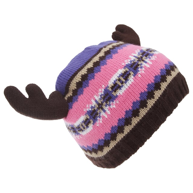 FLOSO childrens beanie hat with fairisle pattern and moose antler details. Fleece lined inner. Available in two colours. Shell: 100% Acrylic, Lining: 100% Polyester.