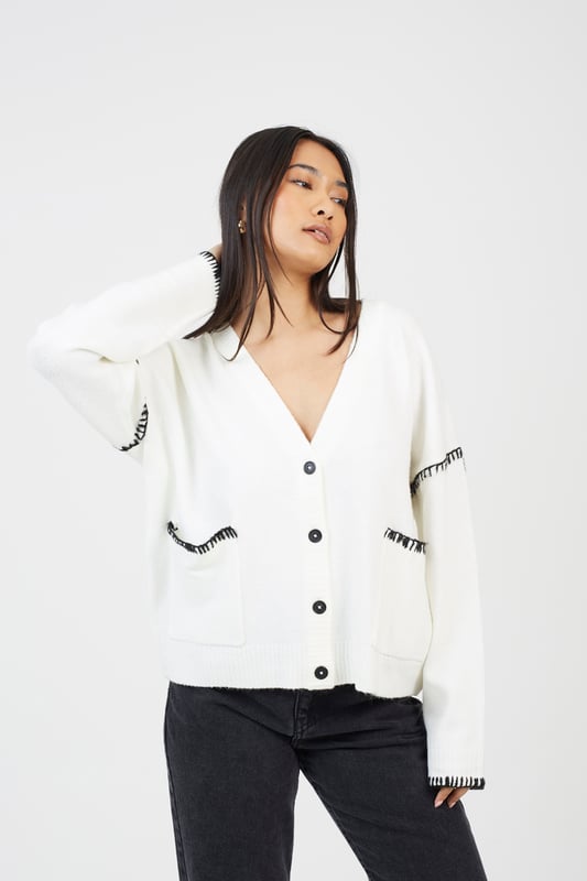 Elevate your style this season with this V-neck cardigan from Brave Soul. This relaxed fit design features button fastenings, two front pockets, dropped shoulders, ribbed hem and cuffs and contrast stitching on the shoulders and pockets. Team with jeans and a t-shirt for a casual daytime look. Model wears UK size S