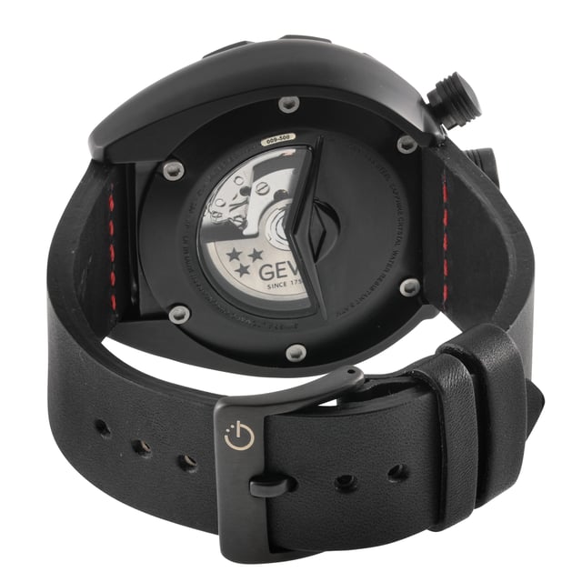 As adventurous as its namesake, the Canal Street Collection by Gevril captures the energy of this bold, buzzing New York City street in a new signature series of watches. Downtown Manhattan is as known for the enduring high fashion as it is for edgy street style. Balanced between the hip Chelsea neighborhood and upscale SoHo, no thoroughfare represents this juxtaposition better than the bustling Canal Street. In this series of diver watches by Gevril, luxe details, precision design, and robust styling combine, featuring precision Swiss Automatic movement.Purchase an additional strap/bracelet for this watch
Gevril 46203 Men's Canal St Automatic Chronograph Watch
Gevril Men's Automatic Chronograph Watch from the Canal St. Collection
48 mm Round IPBK Case, Chronograph with 3 sub dials 1/8-seconds counter, 30-minutes counter, 12-hours counter
Black Dial, Push/Pull Crown, Case back 4 screws
Anti-reflective Sapphire Crystal
Water Resistant to 200 Meters/20 ATM
  Genuine Black Leather strap with Tang Buckle

Swiss Automatic Chronograph Movement Sellita SW500