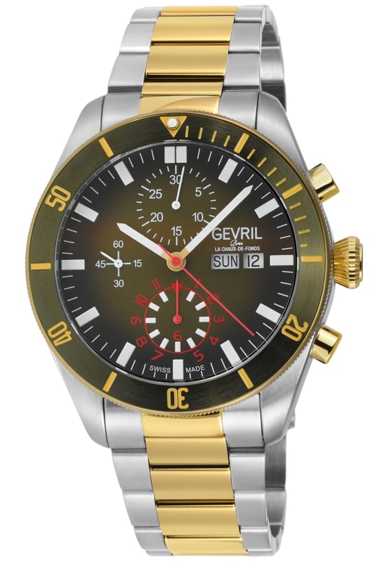 Gevril 48625B Men's Yorkville Chronograph Swiss Automatic Watch
Gevril Men's Swiss Automatic from the Yorkville Collection
43mm Round Stainless Steel Satin and Polished Chronograph Case, Green Bezel, Green to Black Dial
Day-Date at 3 o'clock Exhibition Case Back
Screw down Crown with Gevril Logo
IPYG Satin Bracelet with Deployment Buckle
Anti-reflective Sapphire Crystal
Water Resistant to 200 Meters/20 ATM
Swiss Made Automatic Movement ETA 7750
