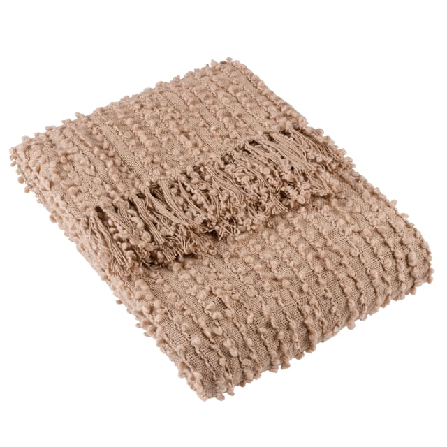 Add instant style and texture to any space with the Arvo throw. This woven design is adorned with elegant strands of vertical boucle yarn, which slide gracefully down the piece, until they meet the textural fringing at both ends. It comes in a range of muted, chic tones, which are inspired by modern neutrals and fashion fabrics. A simple, but polished throw to drape on your sofa or bed to add instant style and texture to your home.