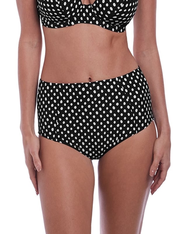 Fantasie Santa Monica High Waist Bikini Brief in Black and White. Lined with side panel seams and higher coverage. Product is made of 89% Nylon/Polyamide, 11% Elastane and is hand-wash only.