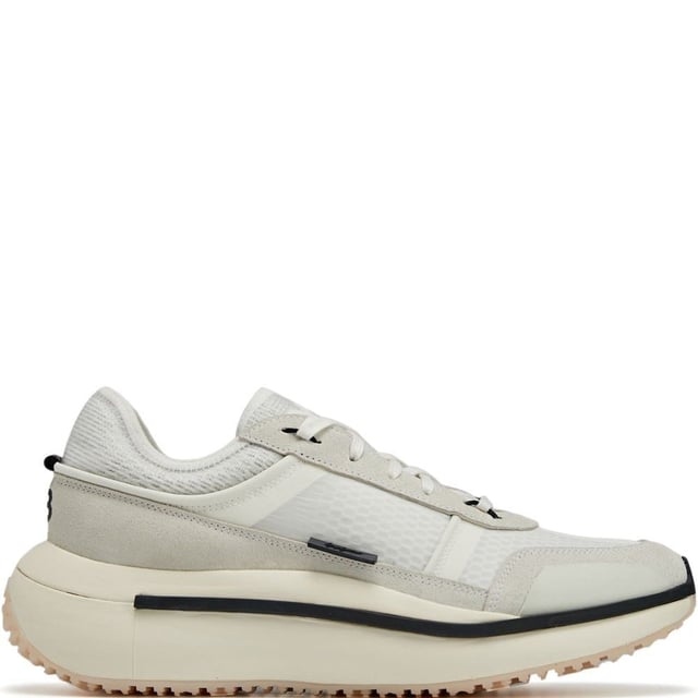 Mens Y-3 Ajatu Run Trainers in white.- Suede  double-layer textile and mesh upper.- Lace closure.- Lightstrike cushioning.- Collapsible feel.- Suede and mesh lining.- Rubber outsole.- Ref: GW8614