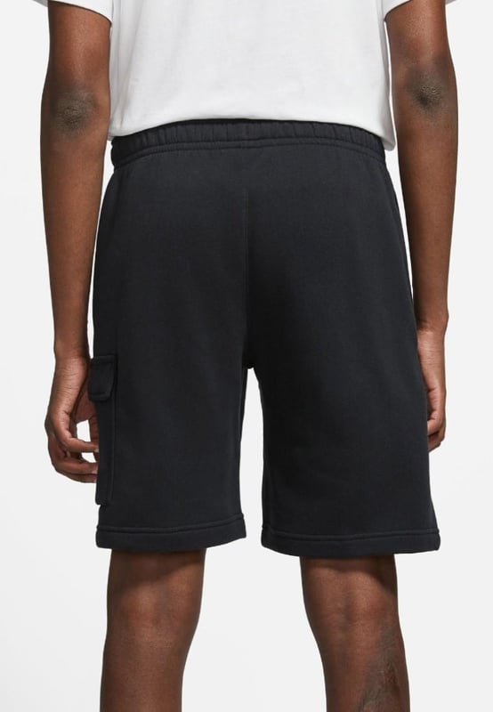Nike Club Mens Cargo Shorts in Black The Nike Sportswear Club Fleece Shorts are made with a soft, brushed-back fleece that provides a comfortable feel ready for everyday wear . - - . Elastic waistband with an adjustable drawcord lets you personalize the fit . - - . A flap pocket on the left leg provides additional storage for your phone and other small essentials . - - . Brushed-back fleece fabric feels soft and smooth . - - . Standard fit for a relaxed, easy feel.