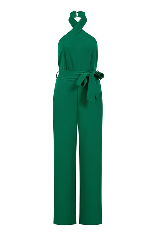 Green Cross Over Halter Neck Jumpsuit