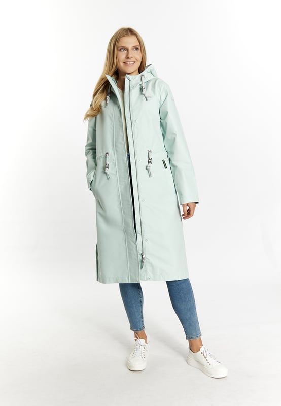 Of je nu te voet of op de fiets bent, met deze regenjas van Schmuddelwedda blijf je over de hele lengte droog. Hiervoor zorgt een fluweelzacht, gerecycled polyestermateriaal dat de binnenkant droog houdt dankzij de coating en gesealde naden. De verstelbare capuchon, een hoge opstaande kraag, de verborgen ritssluiting en een taillekoord zijn eersteklas bondgenoten. De spleten met drukknopen aan de zijkanten zorgen voor de nodige beenruimte.  Mackintosh
