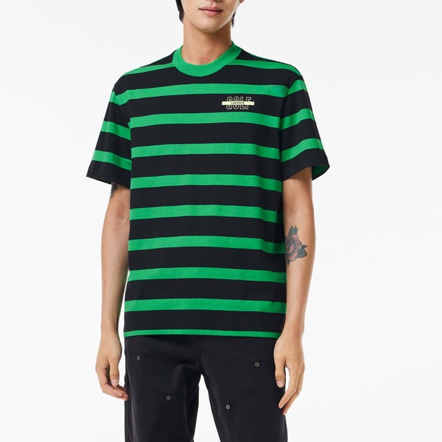 Men's Lacoste Striped 3D Print Cotton T-Shirt.- Relaxed fit, comfortable ease on body with lower shoulders.- Cotton jersey.- Golf print 3D at chest.- Embroidered crocodile at under middle back collar.- Shell: Cotton (100%).- Collar: Cotton (95%), Elastane (5%). Machine washable. Ref: TH1488PIQ.