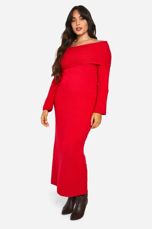 Plus Premium Oversized Rib Bardot Neckline Soft Knit Jumper Dress