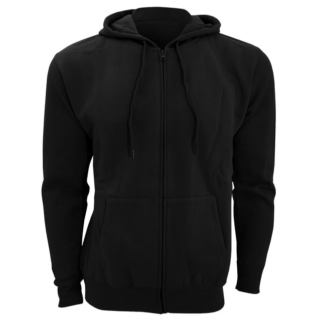 Brushed fleece backing. Drop shoulder style. Jersey lined hood with flat drawcord. Taped back neck. Full length covered zip. Front pouch pockets. Ribbed cuffs and hem. Fabric weight: 280 gsm. Material: 50% cotton/50% polyester. Chest (to fit): S(36/38), M(38/40), L(41/42), XL(43/44), XXL(45/47), 3XL(47/49).