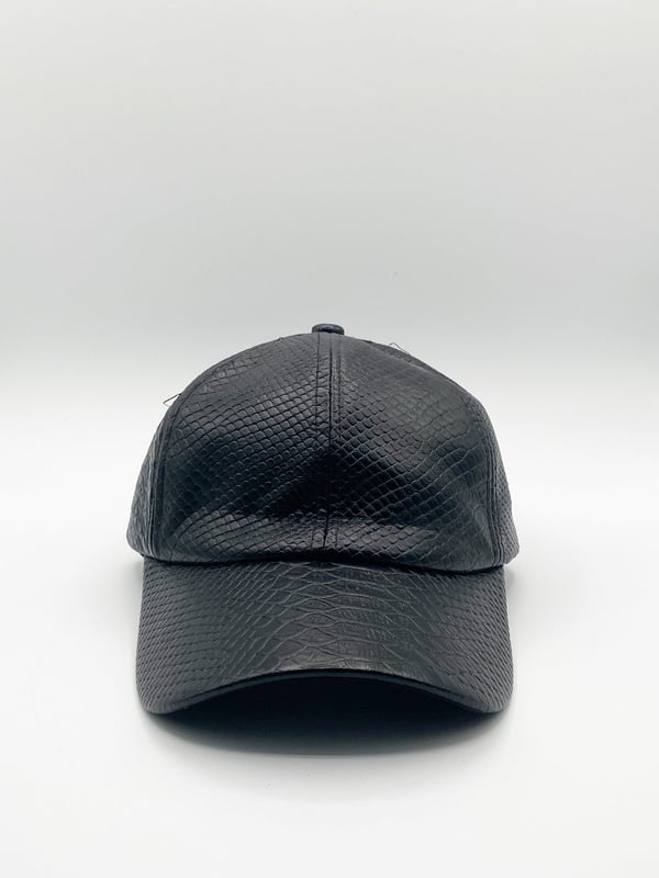 Black Faux Leather Baseball Cap. Main Colour: Black. One Size