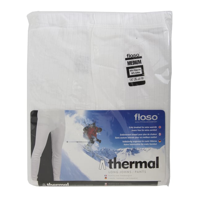 Premium range FLOSO version of this product is also available, search for FLOSO. 1 x Thermal Long Johns. Warm but light weight thermal underwear. Good wicking rate which is the rate the material carries moisture away from the skin. Fully brushed inside and side seam free for added comfort. 50% Cotton and 50% Polyester. Fly opening. Inside leg: Small (25 inch, 63cm), Medium (26 inch, 66cm), Large (27 inch, 68cm), XL (27 inch, 68cm), XXL (27 inch, 68cm).