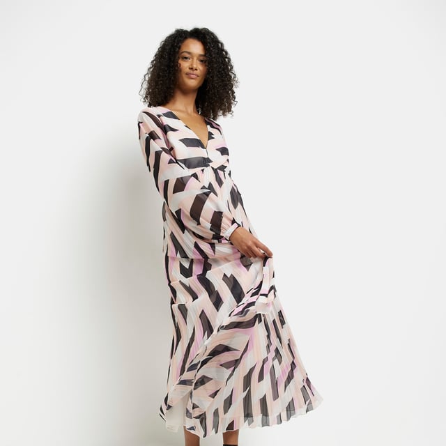 Printed fabric, Pleated detail, Ruched detail, V-neck, Long sleeves, Maxi length, Our model wears a UK 8 and is 175cm/5'9'' tall