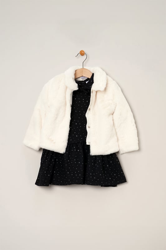 Elevate her party season wardrobe with this 3-Piece Set from Miss. This trendy set includes a faux fur jacket with collar, printed tiered dress, and matching tights. This fashionable outfit set will make dressing easy all season long!