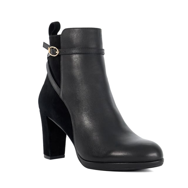 Dune Ladies Ottara - Branded Buckle Heeled Ankle Boot Set on a high heel, Ottara is an ankle boot that will fit effortlessly into your selection of style staples. From its rounded toe to the branded DD buckle, it offers a sleek and comfortable fit, making it a versatile choice for both day and evening wear.