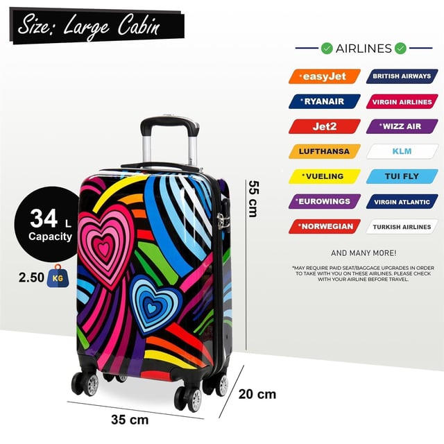 Introducing our Hard Shell 4 Wheel Suitcases with a delightful Multi Flower  Print – an embodiment of style and functionality for your travels. Crafted with the highest standards, these suitcases boast strong and flexible polycarbonate material, providing ample packing space and supreme protection for your belongings, Design Features: Vibrant multi hearts print for a unique and eye-catching look, Smooth dual 360° 4-wheel spinners for effortless maneuverability, Ergonomically designed self-locking telescopic handle for comfort, Expandable feature on medium and large sizes, providing 20% extra space, Built-in 3-digit combination lock ensures security, Inside, enjoy the convenience of elasticated tie-down straps, a middle divider laundry section, and a large zippered pocket for small items. The fully lined interior with high-quality polyester enhances durability. The waterproof hard shell with PC coating offers lightweight yet strong protection. The unique print makes spotting your luggage easy on the airport carousel. Available in cosmetic, small cabin, large cabin, medium check in, and large check in sizes to suit all travel needs. Optimize your investment with a discounted price when purchasing the complete set of five sizes. Elevate your travel experience with this stylish and practical suitcase set, Large Cabin | 55x35x20cm/ 2.50KG, 34L,Medium | 65x42x26cm capacity  64L, large | 75x48x30cm capacity 97L  - Note: Please select preferred size. Sizes sold individually, not in sets.