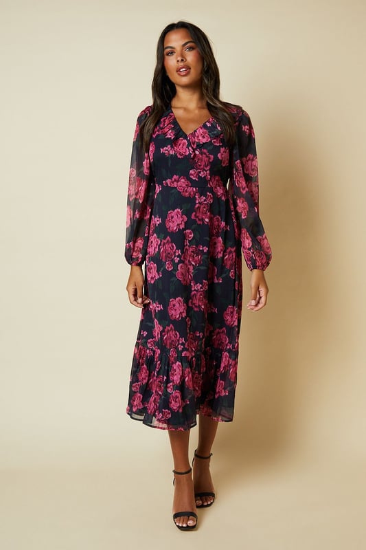 Pink Blurred Floral Chiffon Ruffle Neck Long Sleeve Midi Dress
