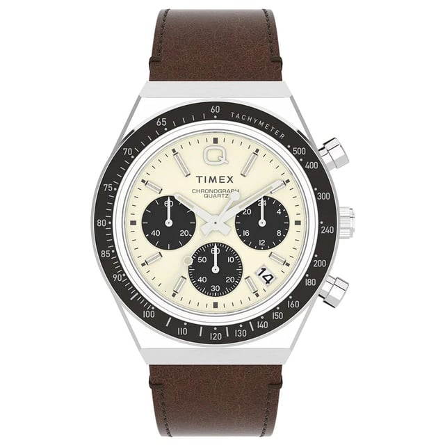 Diese Timex Q Diver Chronograph Uhr für Herren ist das perfekte Zeitmessgerät zum Tragen oder Verschenken. Das silberne 40 mm runde Gehäuse in Kombination mit dem komfortablen braunen Lederarmband sorgt dafür, dass Sie dieses beeindruckende Zeitmesser ohne Kompromisse genießen können. Angetrieben von einem hochwertigen Quarzwerk und wasserdicht bis 5 Bar, wird Ihre Uhr weiterhin ticken. Diese klassische Uhr vermittelt ein angenehmes Gefühl mit ihrem Lederband und ist perfekt für jeden Anlass - die Uhr hat eine Kalenderfunktion: Datum, Stoppuhr, 24-Stunden-Anzeige, Tachymeter. Hochwertiges braunes Lederband mit einer Länge von 21 cm und einer Breite von 22 mm, mit einer Schnalle. Gehäusedurchmesser: 40 mm, Gehäusehöhe: 14 mm, Gehäusefarbe: Silber und Zifferblattfarbe: Beige.