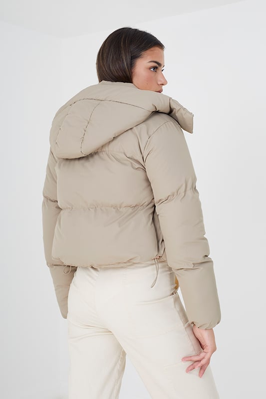 Taupe Cropped Hooded Puffer Jacket With Detachable Hood