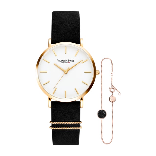 The Seven Sisters Classic Black and White by Victoria Hyde London stands for the classic elegance of the fashion metropolis. In addition to the classic black leather strap and the white dial, the gold-colored case and the gold decorations on the watch strap ensure a particularly high-quality look. The perfect watch for every occasion.

Movement：Miyota 2035
Glass：Mineral glass
Watch Strap Material： Genuine Leather
Case diameter： 33mm
Case thickness：7.6mm
Waterproof：3 atm
Watch strap length：180mm
Watch strap width : 16 mm