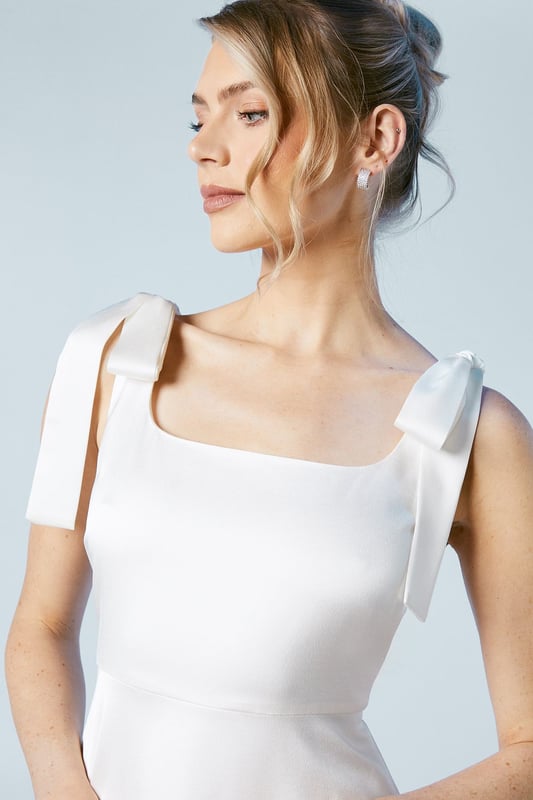 Tie Shoulder Satin Bridal Mini Dress