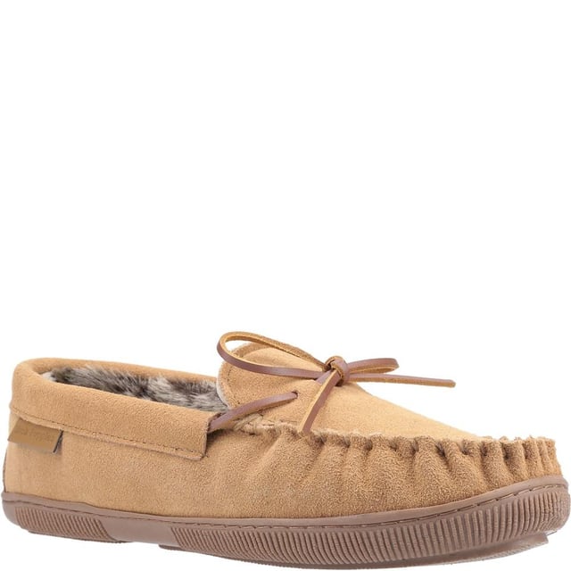 Hush Puppies Mens Ace Slip On Leather Slipper (Tan) Real suede upper. Faux fur lining and sock. Soft, flexible, hard wearing indoor/outdoor sole. Memory foam comfort sock. Gift boxed.