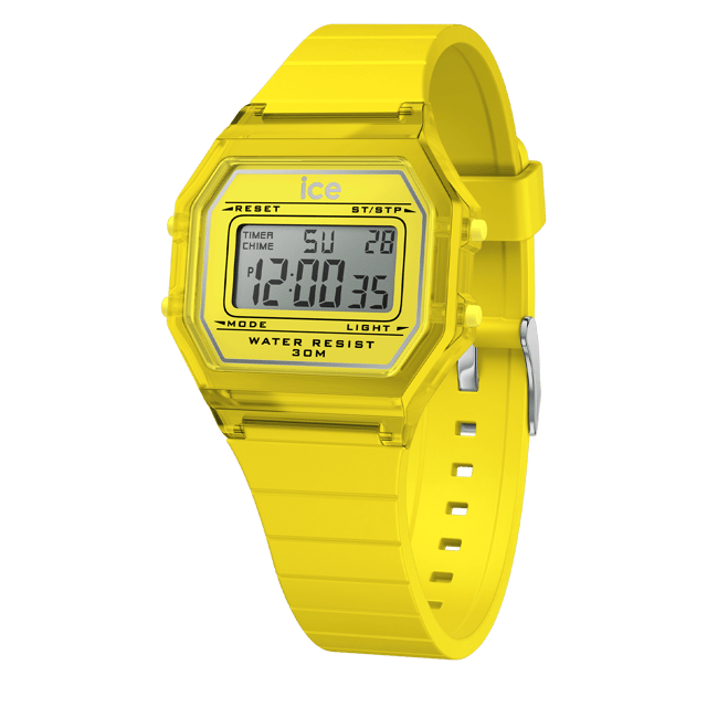 This Ice Watch Ice Digit Retro - Electric Yellow - Clear Digital Watch for Child is the perfect timepiece to wear or to gift. It's Yellow  Rectangular case combined with the comfortable Yellow Silicone watch band will ensure you enjoy this stunning timepiece without any compromise. Operated by a high quality Quartz movement and water resistant to 3 bars, your watch will keep ticking. Stand out from the crowd with the ICE digit retro Electric yellow. Bold and colorful, this watch sets you apart with its transparent electric yellow dial and matching soft silicone strap. This Digital watch has a calendar function: Day-Date , Stop Watch , Dual Time , Alarm and Light High quality 19 cm length and 18 mm width Yellow Silicone strap with a Buckle Case measurement: 32 X 34 mm,case thickness: 8 mm, case colour: Yellow and dial colour: Yellow