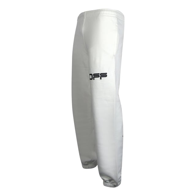 Off-White-weiße Jogginghose, Off-White-Markenlogo am linken Bein, elastische Taille und Bündchen, Marker-Signatur-Markendesign, Airport-Tape-Streifen an den hinteren Unterschenkeln. 100 % Baumwolle, hergestellt in Portugal, weiße Jogginghose