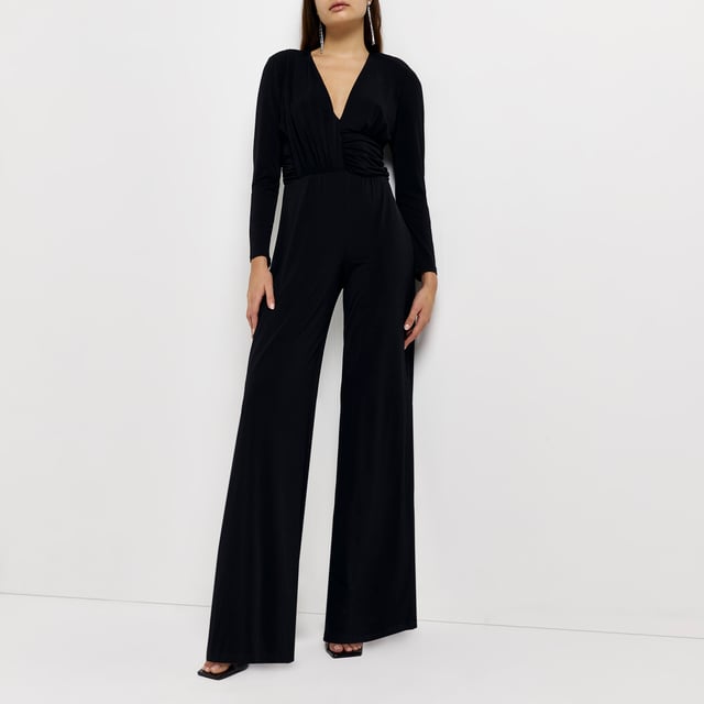 River Island Womens Jumpsuit Black Plunge Long Sleeve