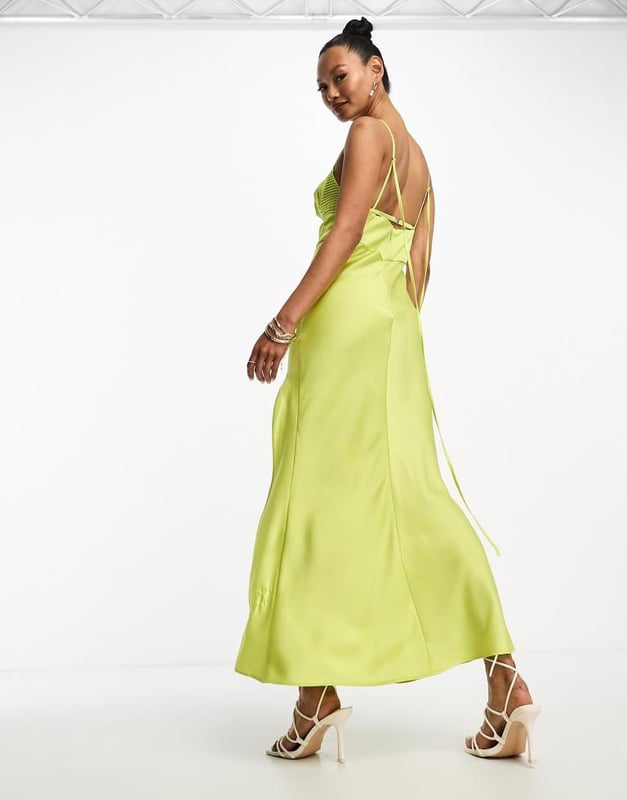 slim fit dress slacks Asos Design Long Sleeve Knot High Split Satin Midi Dress In Olive Green main image 1