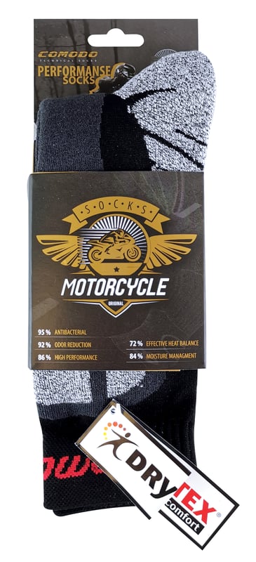 Comodo 1 Pack Motorbike SocksComodo have been providing high-quality socks for men and women since 1996. They sell a range of socks for hiking, cycling, hunting, skiing, and other outdoor events.These mens black and grey socks are practical and comfortable for motorcyclists. The thermal and breathable properties are made from DRYTEX comfort yarn which helps to reduce pressure on the shins.These slippers have calf and sole shock protection to prevent any abrasion and discomfort. These socks are available in sizes 3-11 UK and suitable for both, men and women. They are machine washable at 30 Extra Product Details  - Sizes 3-11 UK - 1 Pair - Motorbike socks - Drytex comfort yarn - Machine Washable - Motorcycle socks