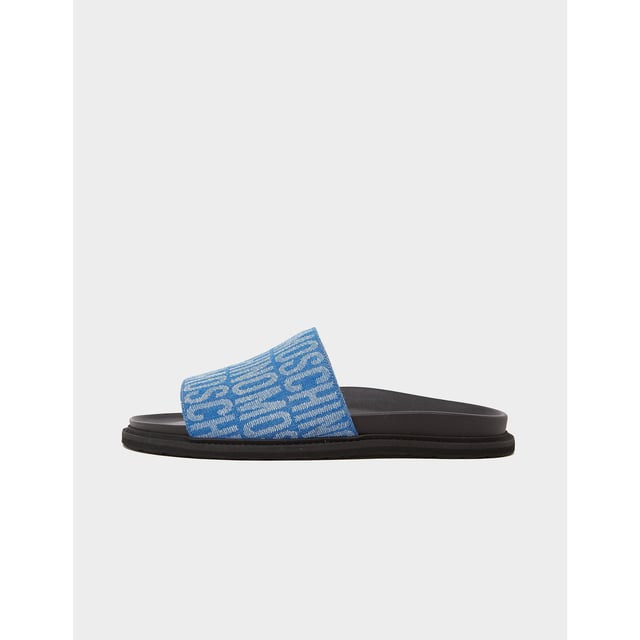 Men s Moschino All Over Logo Print Sliders in Denim