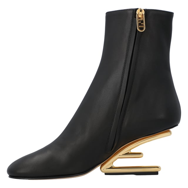 100% Calf Leather 
Made in Italy 
High diagonal F-shaped heel in gold-colored metal.
Heel height: 9.5 cm.
Rounded toe.Measurments:  height: 95 mm