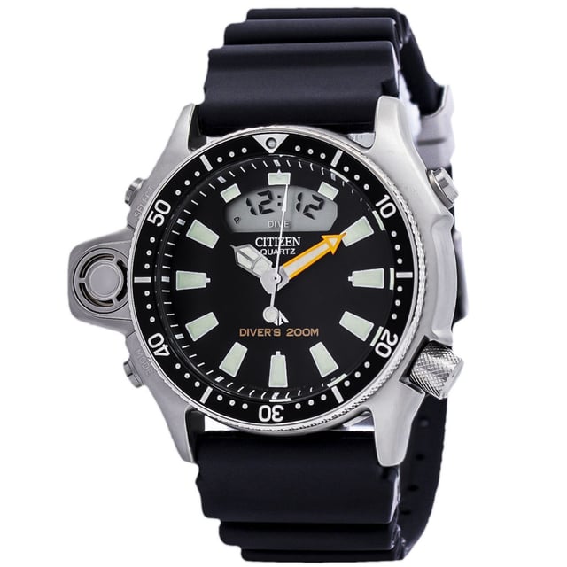 This Citizen Promaster Aqualand Analogue-Digital Watch for Men is the perfect timepiece to wear or to gift. It's Silver 38 mm Round case combined with the comfortable Black Rubber watch band will ensure you enjoy this stunning timepiece without any compromise. Operated by a high quality Quartz movement and water resistant to 20 bars, your watch will keep ticking. Sporty and charming  watch perfect for every occasion - The watch has a Calendar function: Day-Date, Stop Watch, Alarm,Luminous Hands, Luminous Numbers High quality 21 cm length and 25 mm width Black Rubber strap with a Buckle Case diameter: 38 mm,case thickness: 14 mm, case colour: Silver and dial colour: Black