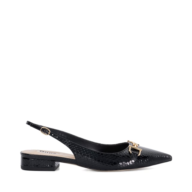 Say hello to our Hinge style, featuring a patent mock croc finish, pointed toes and low block heel. With their gold-tone buckle detail, these slingbacks will add a retro-inspired edge to your contemporary outfits all year round.